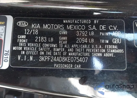 2019 Kia Forte Lxs from USA, damaged, VIN 3KPF24AD8KE075407